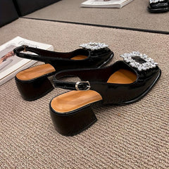 Women's Chunky Heel Sandals with Rhinestone Decor