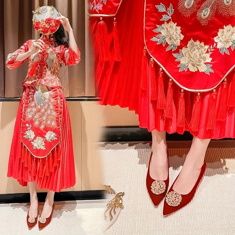 Red Pointed Toe Low Heel Pumps with Faux Pearls
