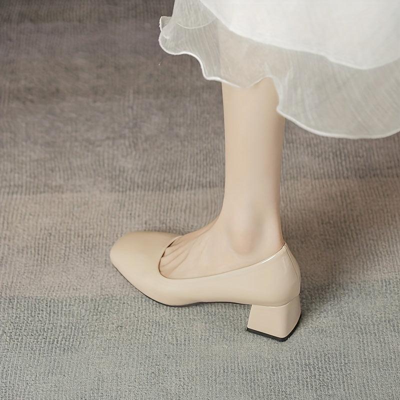 Women's Chunky Heeled Court Pumps Square Toe Solid Patent Leather Shoes