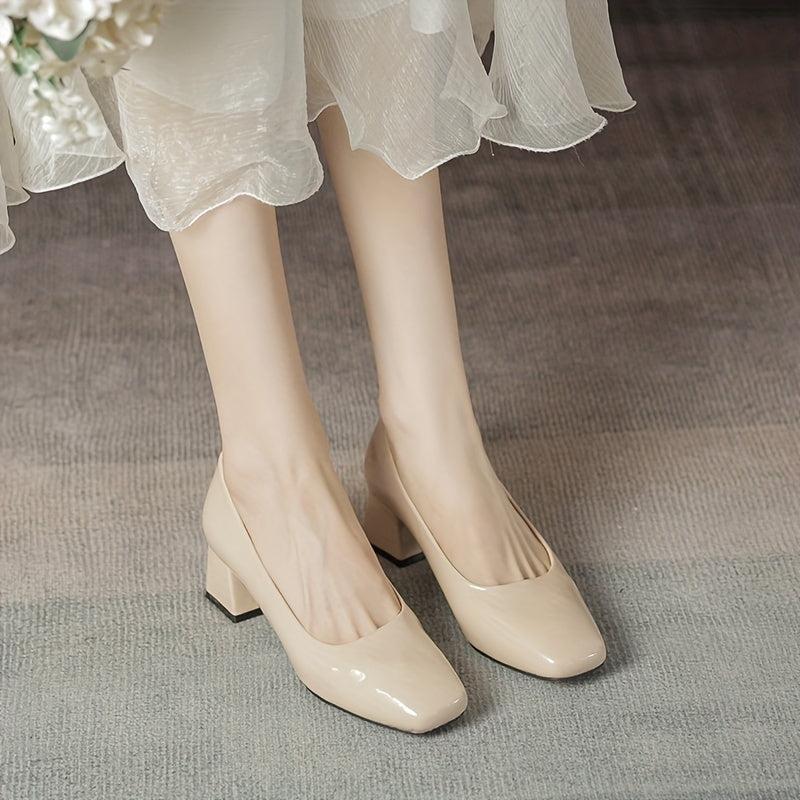 Women's Chunky Heeled Court Pumps Square Toe Solid Patent Leather Shoes