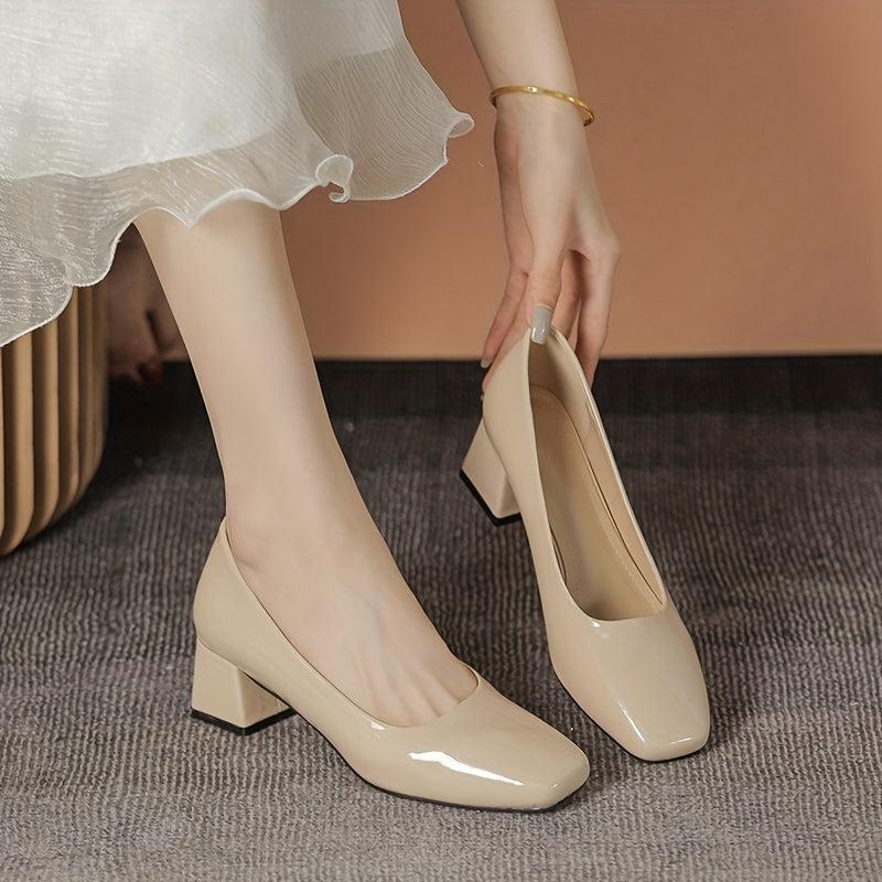 Women's Chunky Heeled Court Pumps Square Toe Solid Patent Leather Shoes