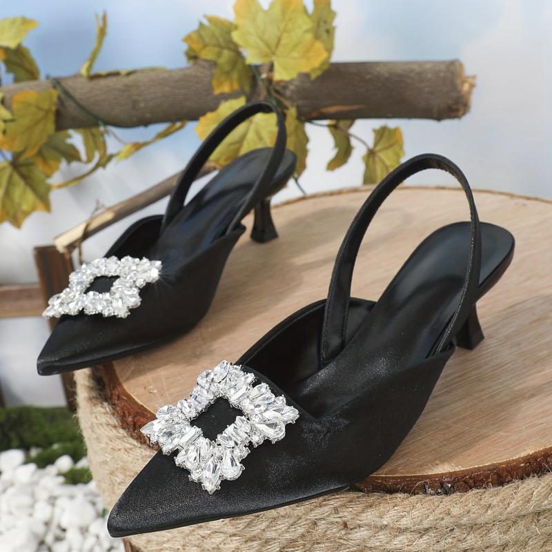 Rhinestone Kitten Heel Pointed Toe Slingback Pumps