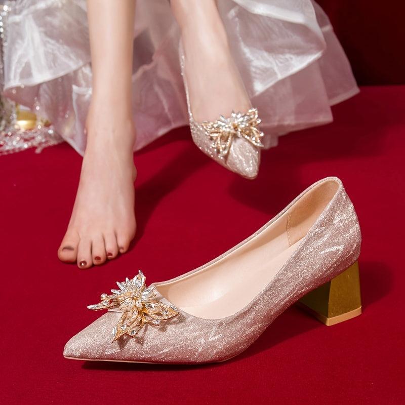 Rhinestone Block Heel Pointed Pumps Glitter Shoes