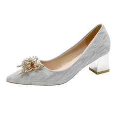 Rhinestone Block Heel Pointed Pumps Glitter Shoes
