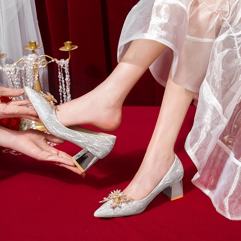 Rhinestone Block Heel Pointed Pumps Glitter Shoes