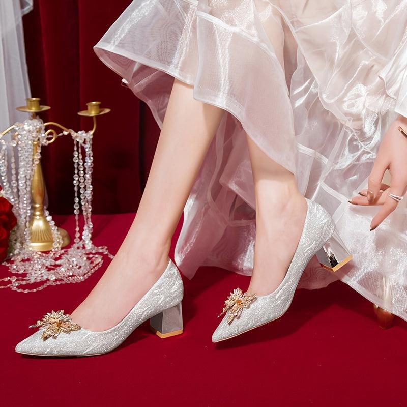 Rhinestone Block Heel Pointed Pumps Glitter Shoes