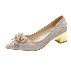 Rhinestone Block Heel Pointed Pumps Glitter Shoes