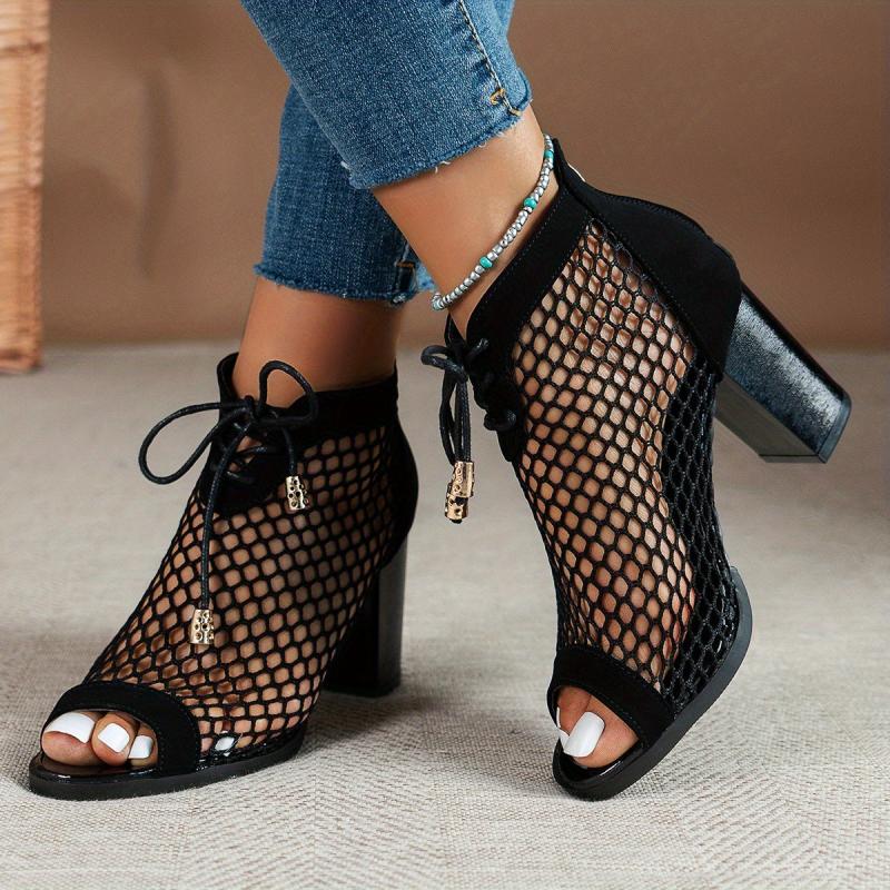 Leopard Print Mesh High Heels Lace Up Sandals