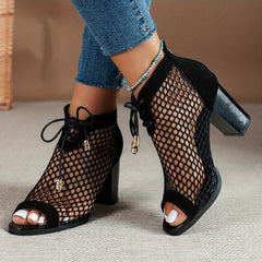 Leopard Print Mesh High Heels Lace Up Sandals
