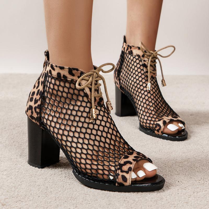 Leopard Print Mesh High Heels Lace Up Sandals