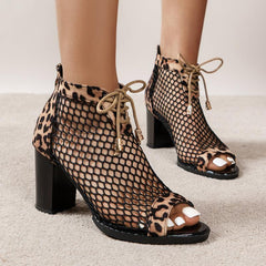 Leopard Print Mesh High Heels Lace Up Sandals