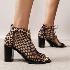Leopard Print Mesh High Heels Lace Up Sandals