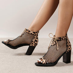 Leopard Print Mesh High Heels Lace Up Sandals