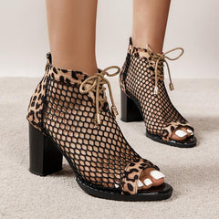 Leopard Print Mesh High Heels Lace Up Sandals