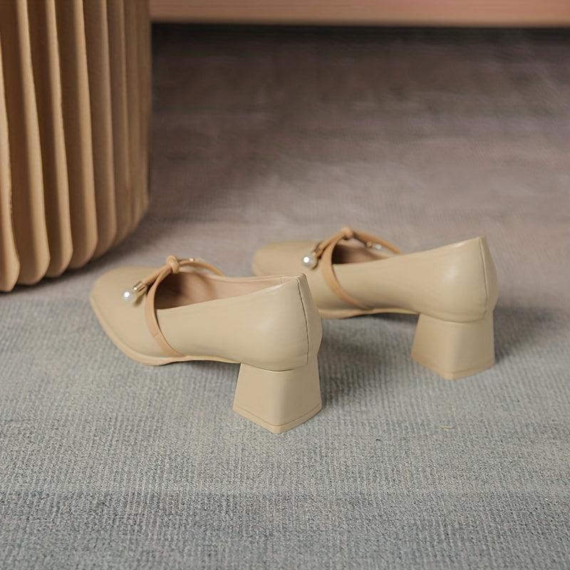 Faux Pearl Chunky Heel Pumps, All Match Dress Shoes