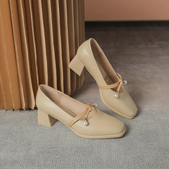 Faux Pearl Chunky Heel Pumps, All Match Dress Shoes