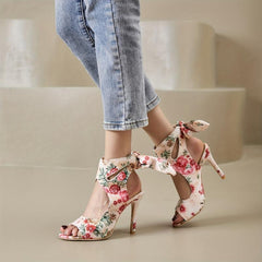 Floral Print Peep Toe Lace Up Stiletto Heels Sandals