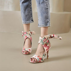 Floral Print Peep Toe Lace Up Stiletto Heels Sandals