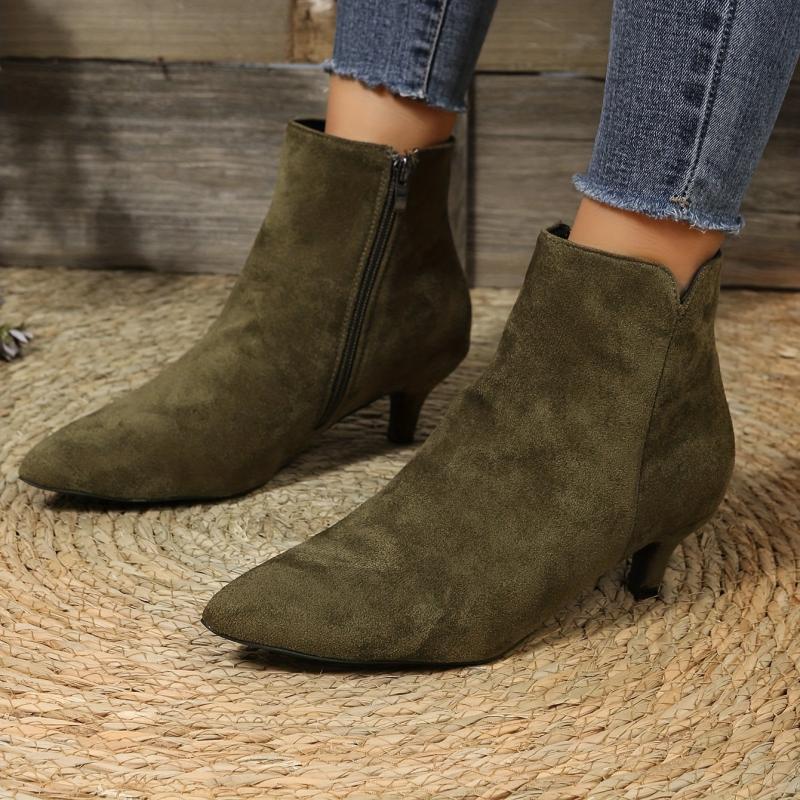 Women's Kitten Heel Ankle Boots Side Zipper Solid Point Toe Short Boots