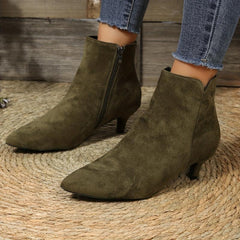 Women's Kitten Heel Ankle Boots Side Zipper Solid Point Toe Short Boots