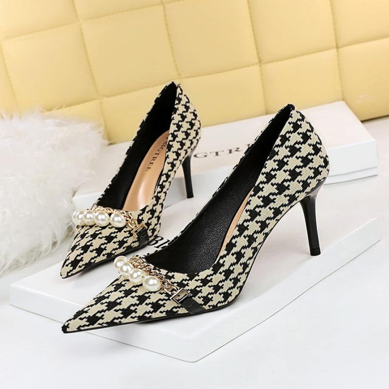 Metal Chain & Faux Pearl High Heel Pumps Houndstooth Stiletto Heels