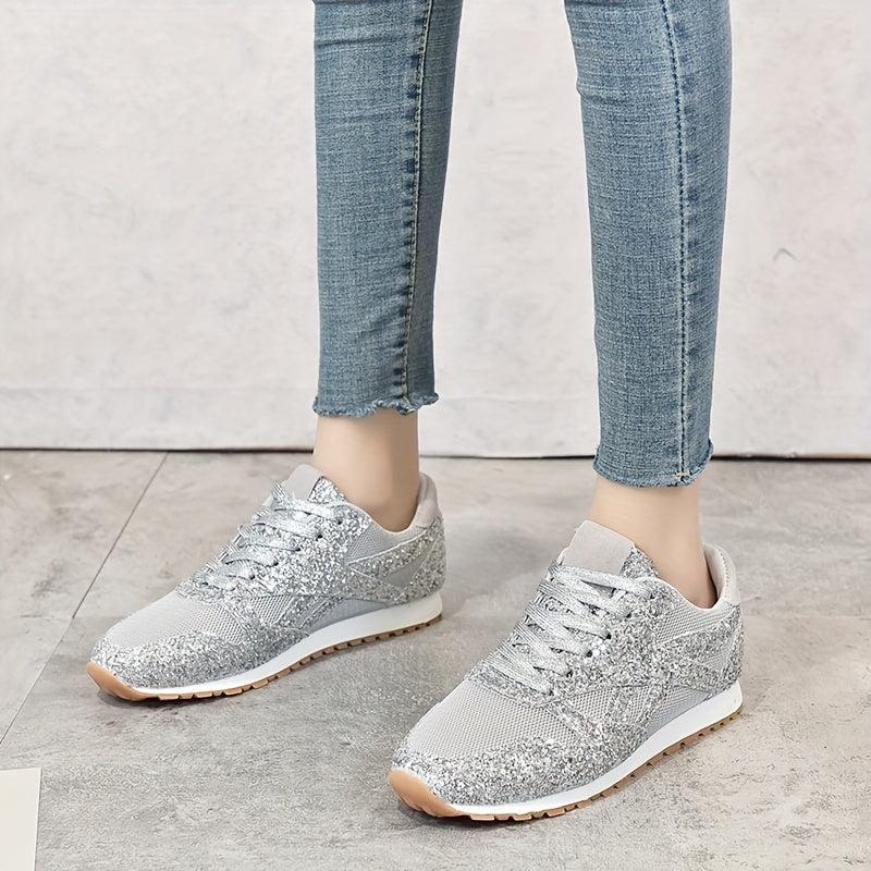 Women's Sequins Mesh Low Top Lace Up Running Shoes
