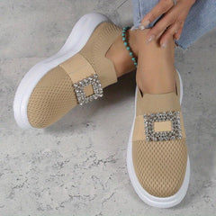 Women's Breathable Slip On Sneakers Low Top Rhinestone Decor Comfort Shoes