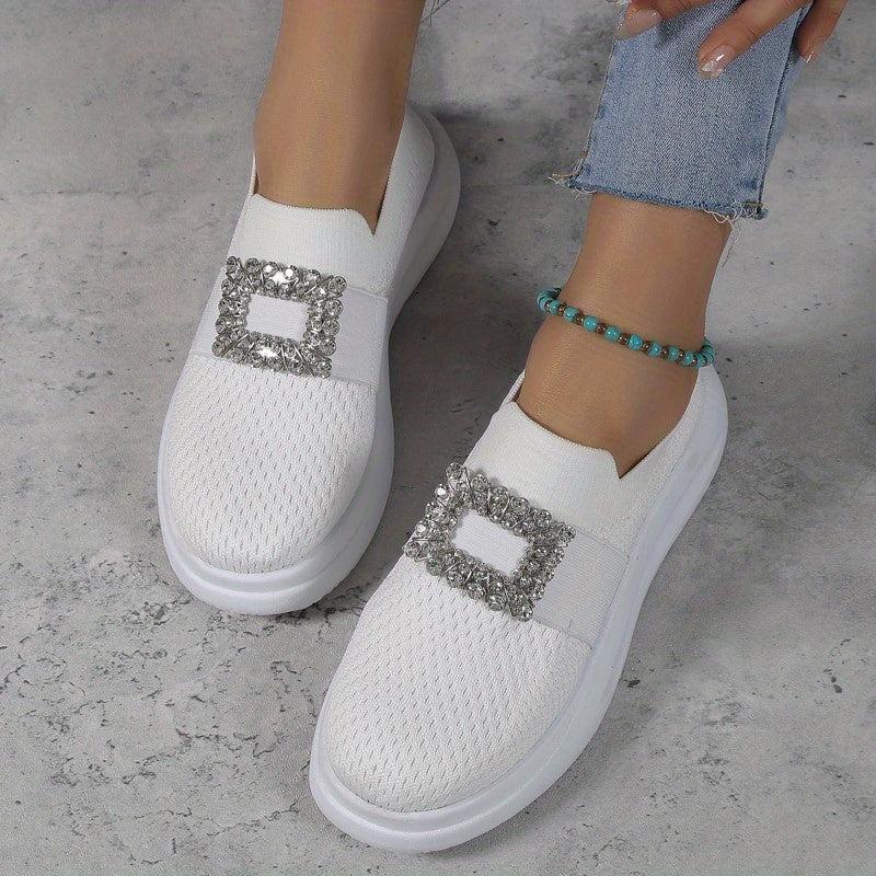 Women's Breathable Slip On Sneakers Low Top Rhinestone Decor Comfort Shoes