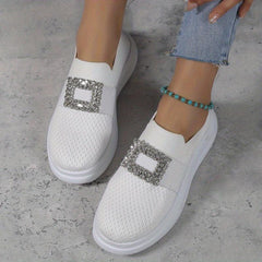 Women's Breathable Slip On Sneakers Low Top Rhinestone Decor Comfort Shoes