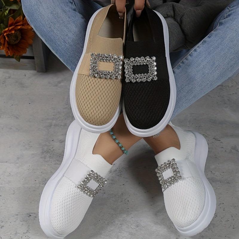 Women's Breathable Slip On Sneakers Low Top Rhinestone Decor Comfort Shoes
