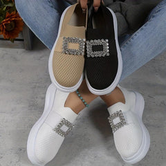 Women's Breathable Slip On Sneakers Low Top Rhinestone Decor Comfort Shoes