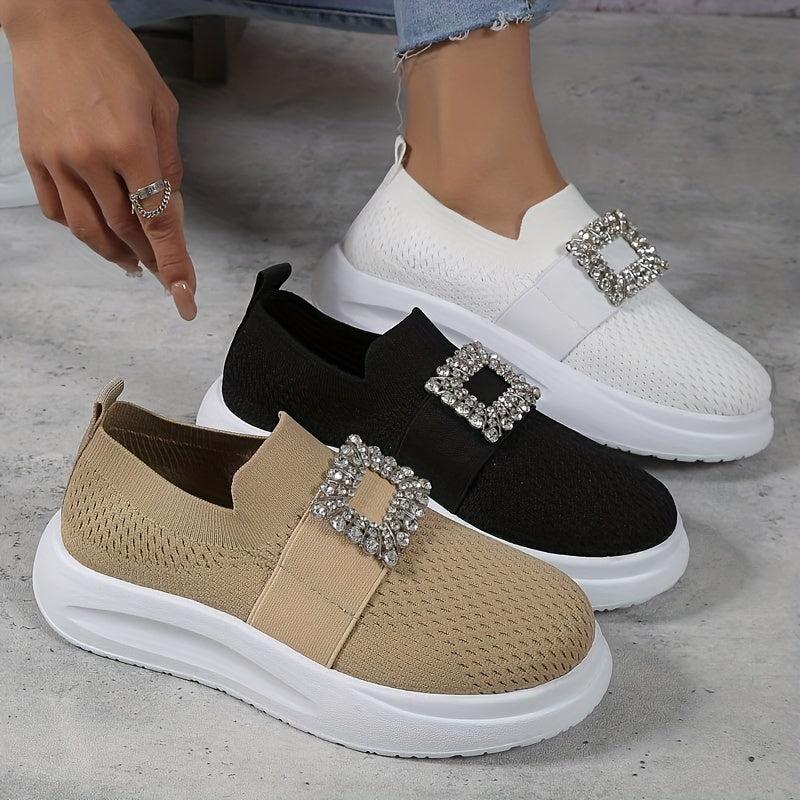 Women's Breathable Slip On Sneakers Low Top Rhinestone Decor Comfort Shoes