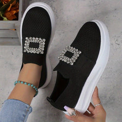 Women's Breathable Slip On Sneakers Low Top Rhinestone Decor Comfort Shoes