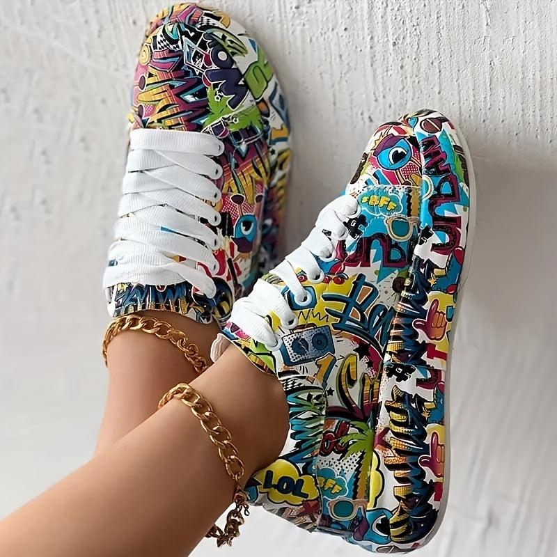 Graffiti Print Platform Sneakers Lace Up Low Top Sports Shoes