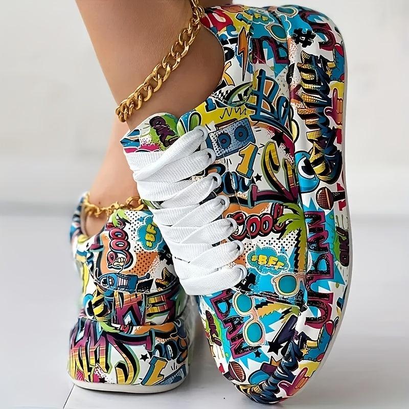 Graffiti Print Platform Sneakers Lace Up Low Top Sports Shoes