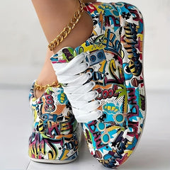 Graffiti Print Platform Sneakers Lace Up Low Top Sports Shoes