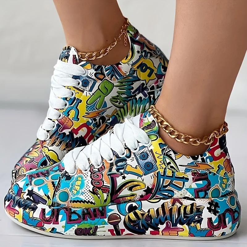 Graffiti Print Platform Sneakers Lace Up Low Top Sports Shoes