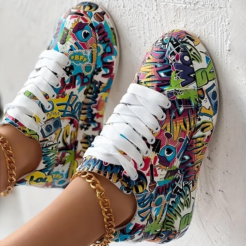 Graffiti Print Platform Sneakers Lace Up Low Top Sports Shoes