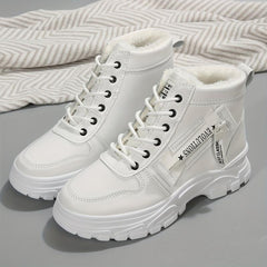 Plush Lined Winter Ankle Boots, Lace Up Side Zipper Short Boots