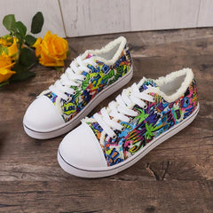 Women's Graffiti Printed Canvas Sneakers Lace Up Flat Shoes