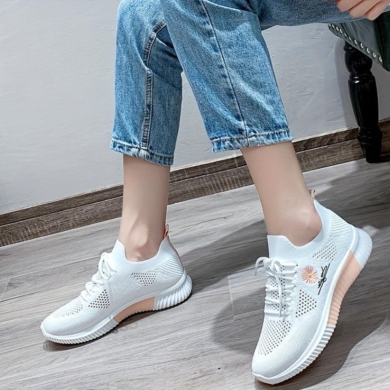 Women's Daisy Embroidered Sports Shoes Knitted Running Shoes