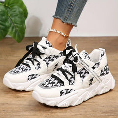 Women's Houndstooth Knit Sneakers Lace Up Low Top Platform Shoes