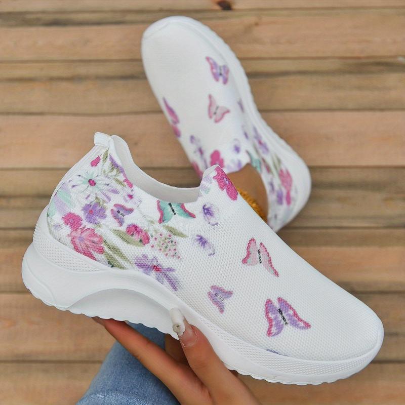 Women's Floral & Butterfly Print Slip-On Sneakers Breathable Knit Sock Shoes