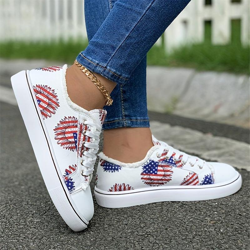 4th of July Sunflower Print Canvas Shoes Low Top Lace Up Sneakers