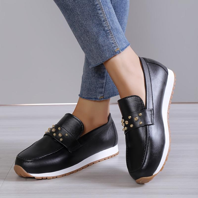 Metal Ball Decor Sneakers Lace Up PU Leather Anti-slip Shoes
