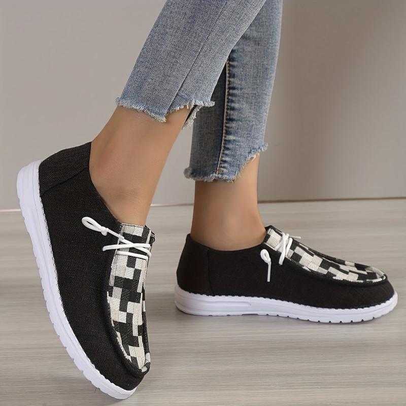 Women's Checkered Flat Loafers Lace Up Walking Shoes