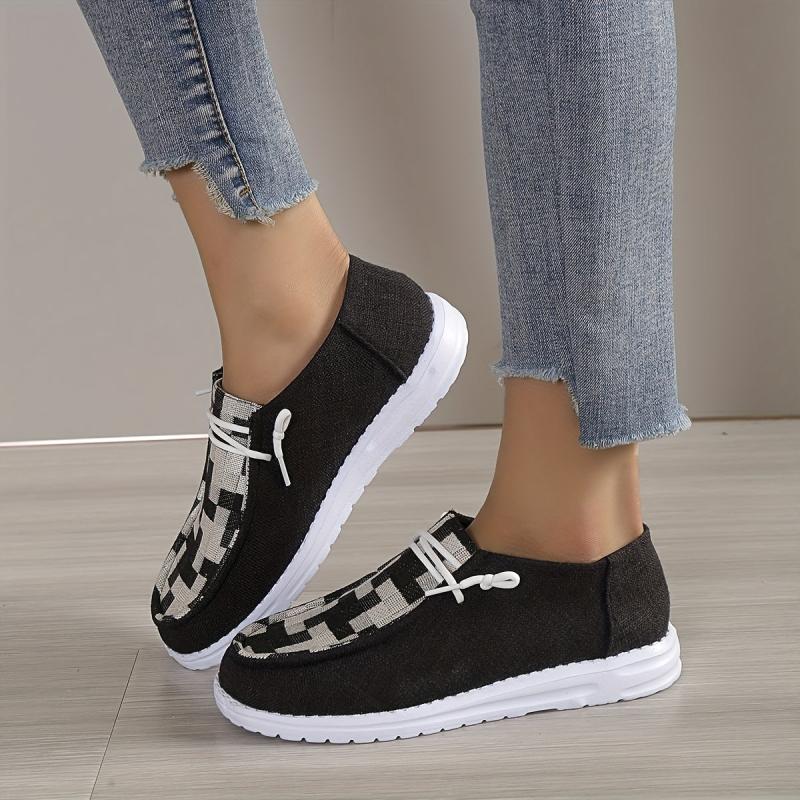 Women's Checkered Flat Loafers Lace Up Walking Shoes