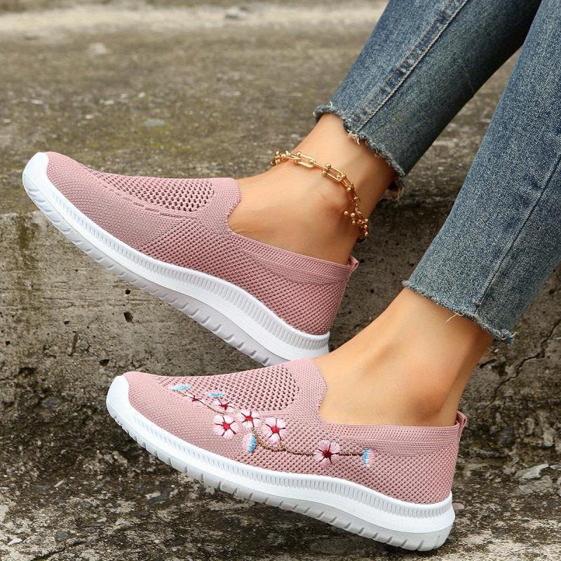 Women's Mesh Slip On Sneakers Floral Embroidered Lightweight Shoes