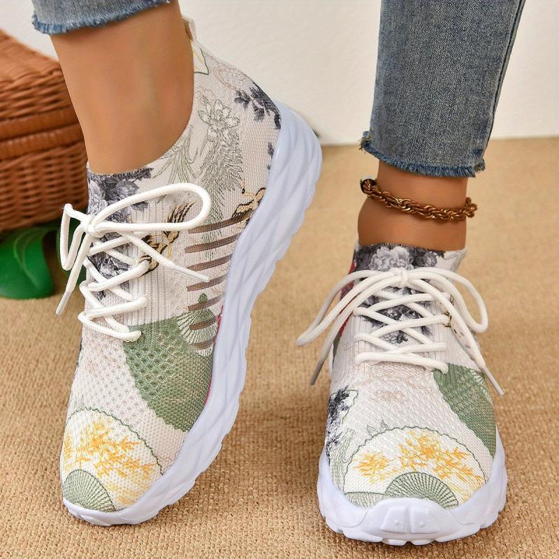 Women's Art Printed Sports Shoes Retro Knitted Low Top Running Shoes