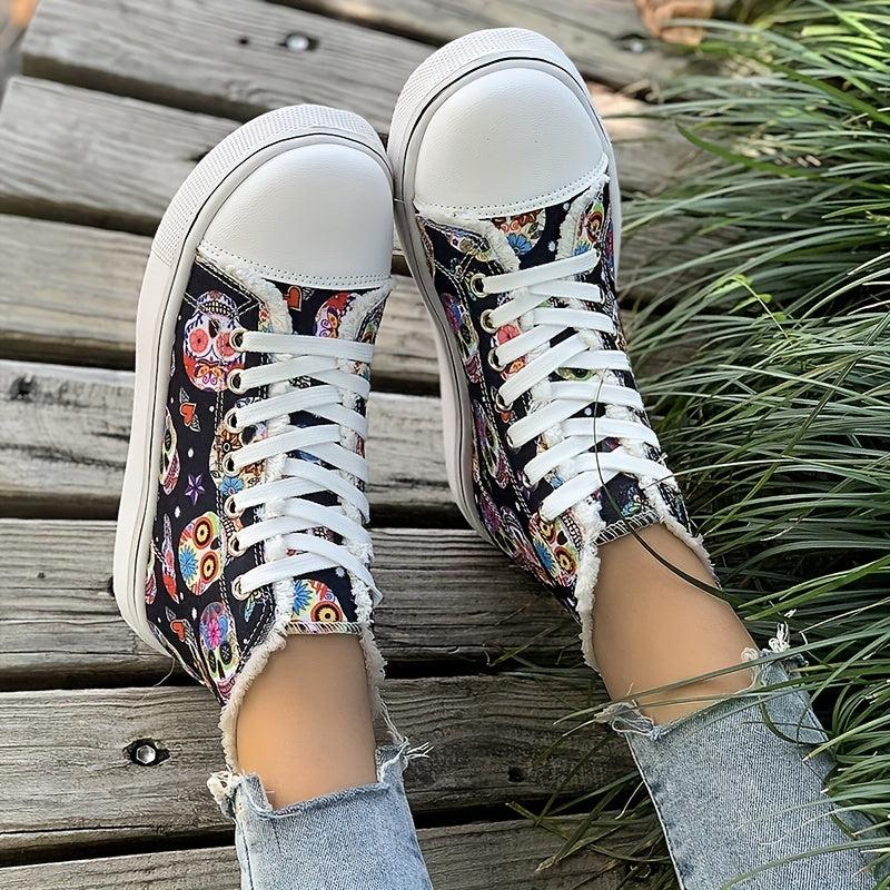 Women's Skull Graphic High Top Canvas Sneakers Lace Up Trainers